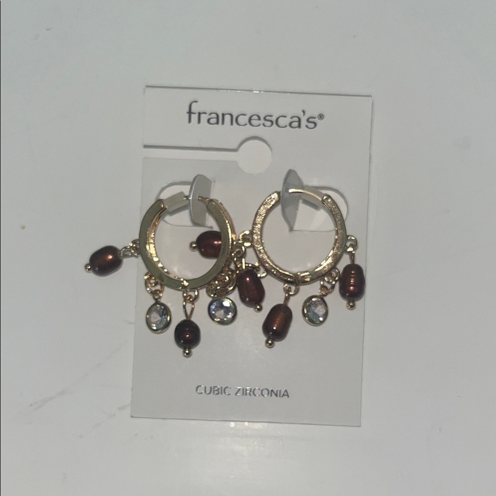 Francesca's Collections Gold Hoop Earrings with Brown Pearls and Clear Crystals